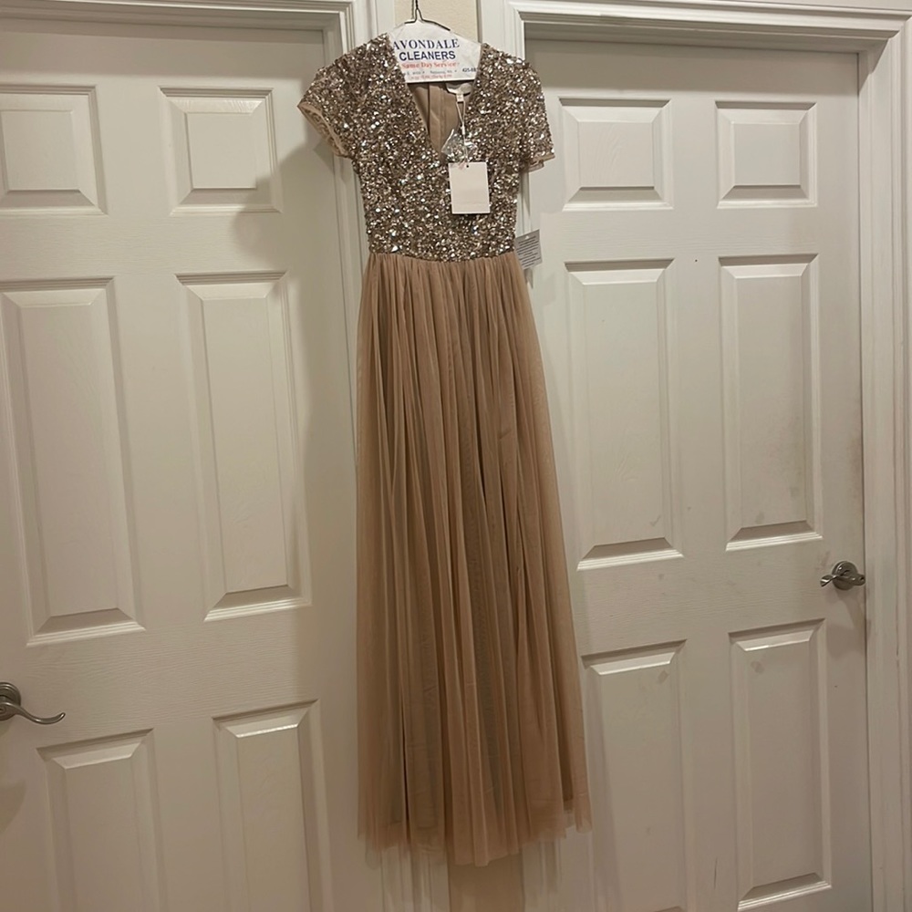Maya Bridesmaid short sleeve maxi tulle dress with delicate sequins. muted blush